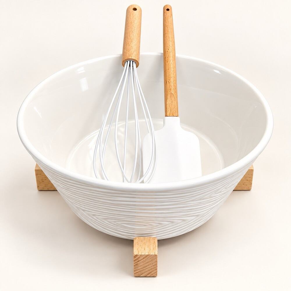 Temp-tations Woodland White 3 Qt Mixing Bowl Wood Stand Whisk Spatula Set